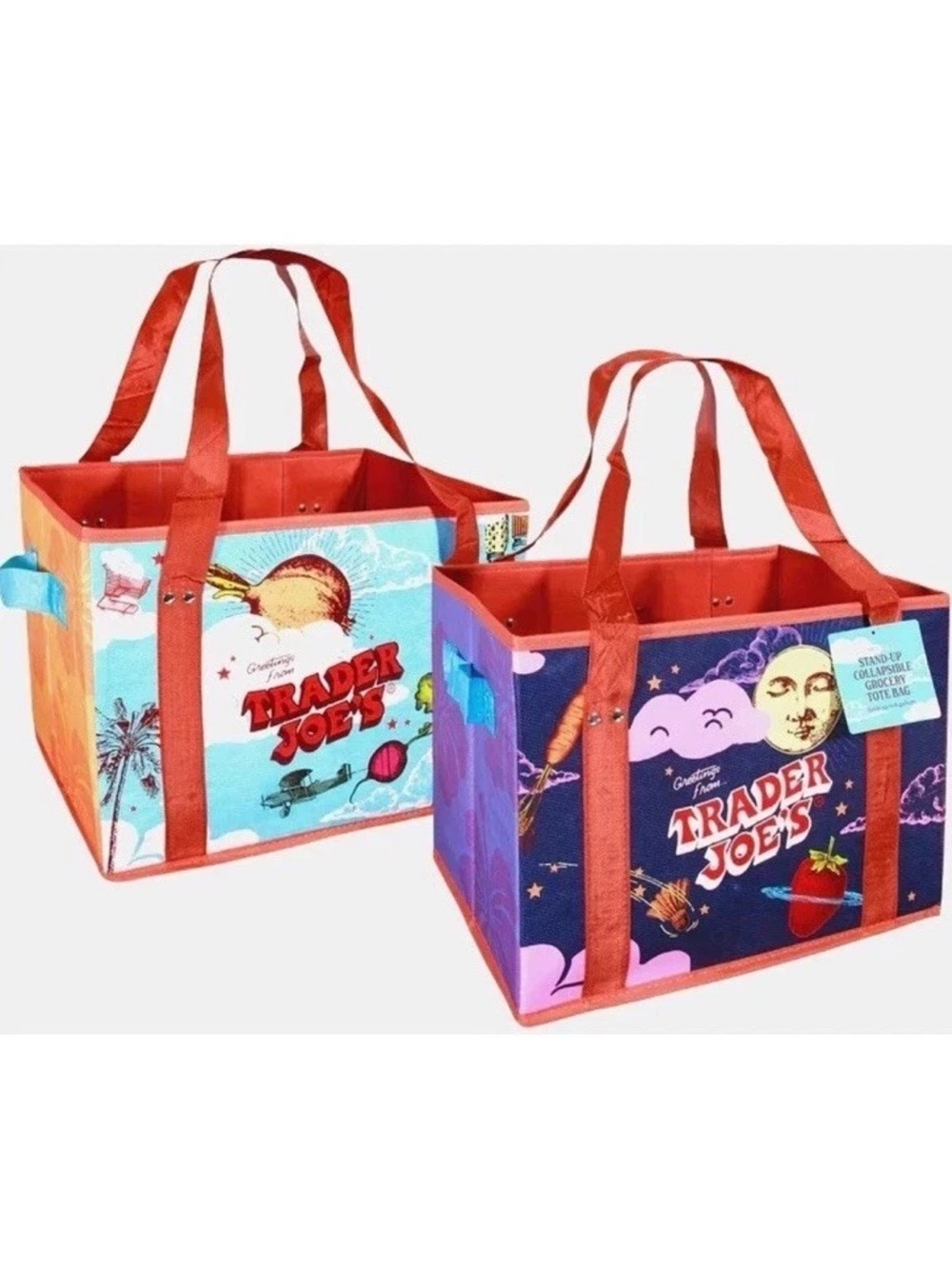Trader Joe's Stand-Up Collapsible Grocery Tote Bag - Blue & White x2